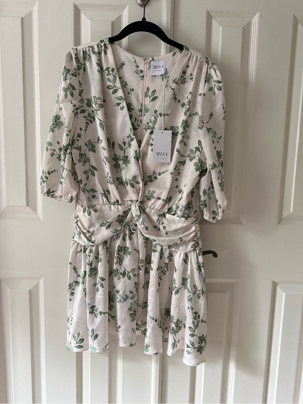 MISA Los Angeles Green Twist Front Mini Dress Ruched Waist, Size L, NWT